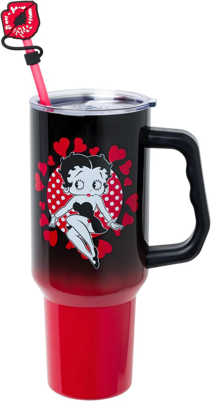 Betty Boop Core Cute Pose, Stainless Steel Tumbler, 40oz | Sitting, Hearts and Dots, Straw Cover Cap, Handle, Lid, Double Walled, Fits in Cup Holder, 1.18 Liters - Colors A