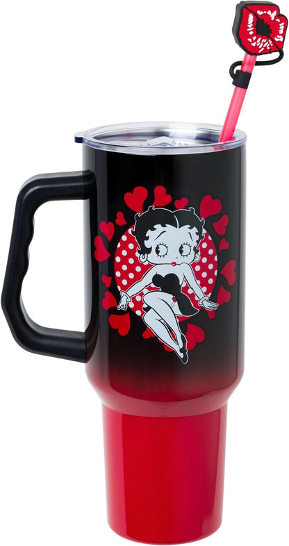 Betty Boop Core Cute Pose, Stainless Steel Tumbler, 40oz | Sitting, Hearts and Dots, Straw Cover Cap, Handle, Lid, Double Walled, Fits in Cup Holder, 1.18 Liters - Colors A