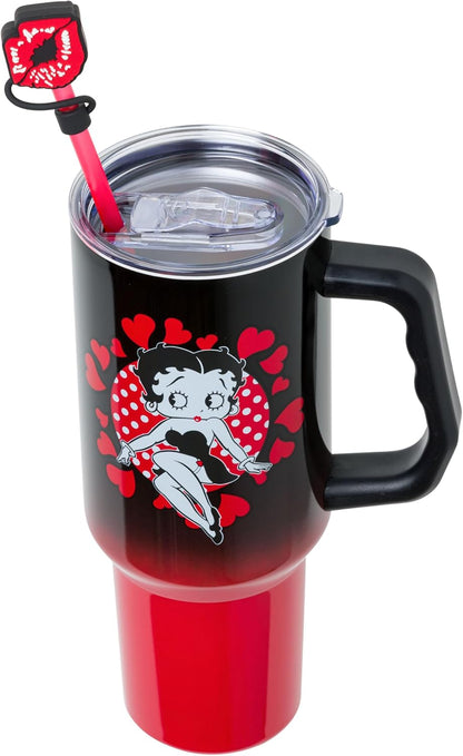 Betty Boop Core Cute Pose, Stainless Steel Tumbler, 40oz | Sitting, Hearts and Dots, Straw Cover Cap, Handle, Lid, Double Walled, Fits in Cup Holder, 1.18 Liters - Colors A