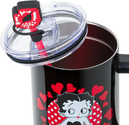 Betty Boop Core Cute Pose, Stainless Steel Tumbler, 40oz | Sitting, Hearts and Dots, Straw Cover Cap, Handle, Lid, Double Walled, Fits in Cup Holder, 1.18 Liters - Colors A