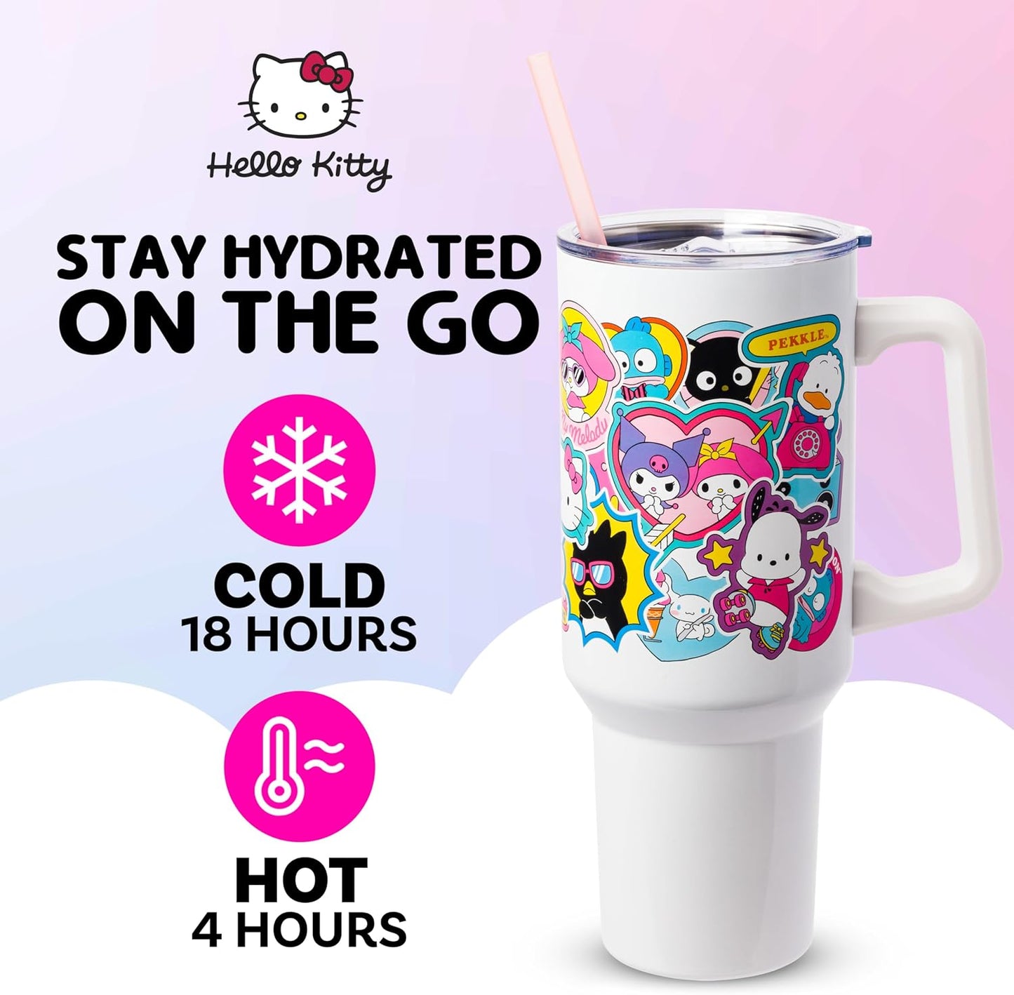 Betty Boop Core Cute Pose, Stainless Steel Tumbler, 40oz | Sitting, Hearts and Dots, Straw Cover Cap, Handle, Lid, Double Walled, Fits in Cup Holder, 1.18 Liters - Colors A