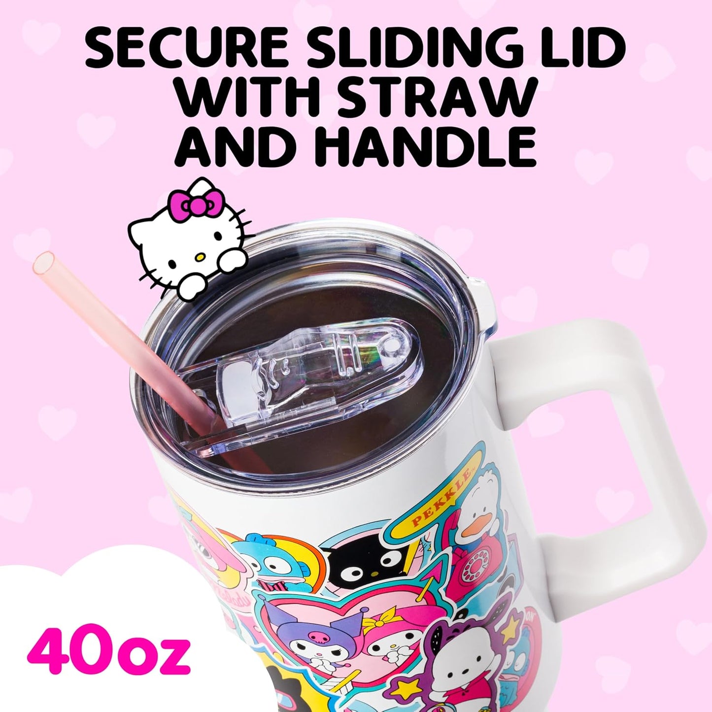 Betty Boop Core Cute Pose, Stainless Steel Tumbler, 40oz | Sitting, Hearts and Dots, Straw Cover Cap, Handle, Lid, Double Walled, Fits in Cup Holder, 1.18 Liters - Colors A