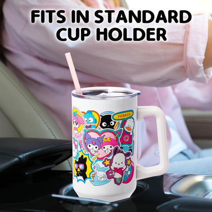 Betty Boop Core Cute Pose, Stainless Steel Tumbler, 40oz | Sitting, Hearts and Dots, Straw Cover Cap, Handle, Lid, Double Walled, Fits in Cup Holder, 1.18 Liters - Colors A