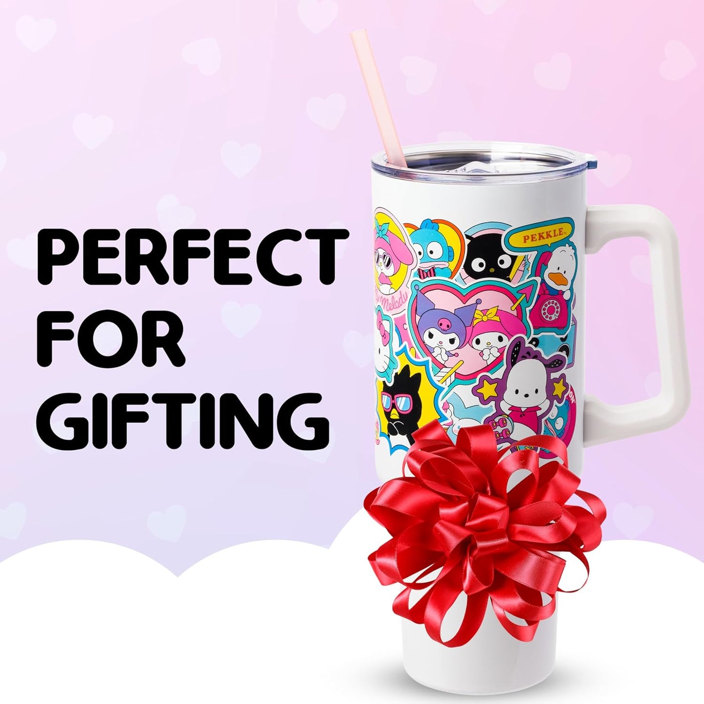 Betty Boop Core Cute Pose, Stainless Steel Tumbler, 40oz | Sitting, Hearts and Dots, Straw Cover Cap, Handle, Lid, Double Walled, Fits in Cup Holder, 1.18 Liters - Colors A