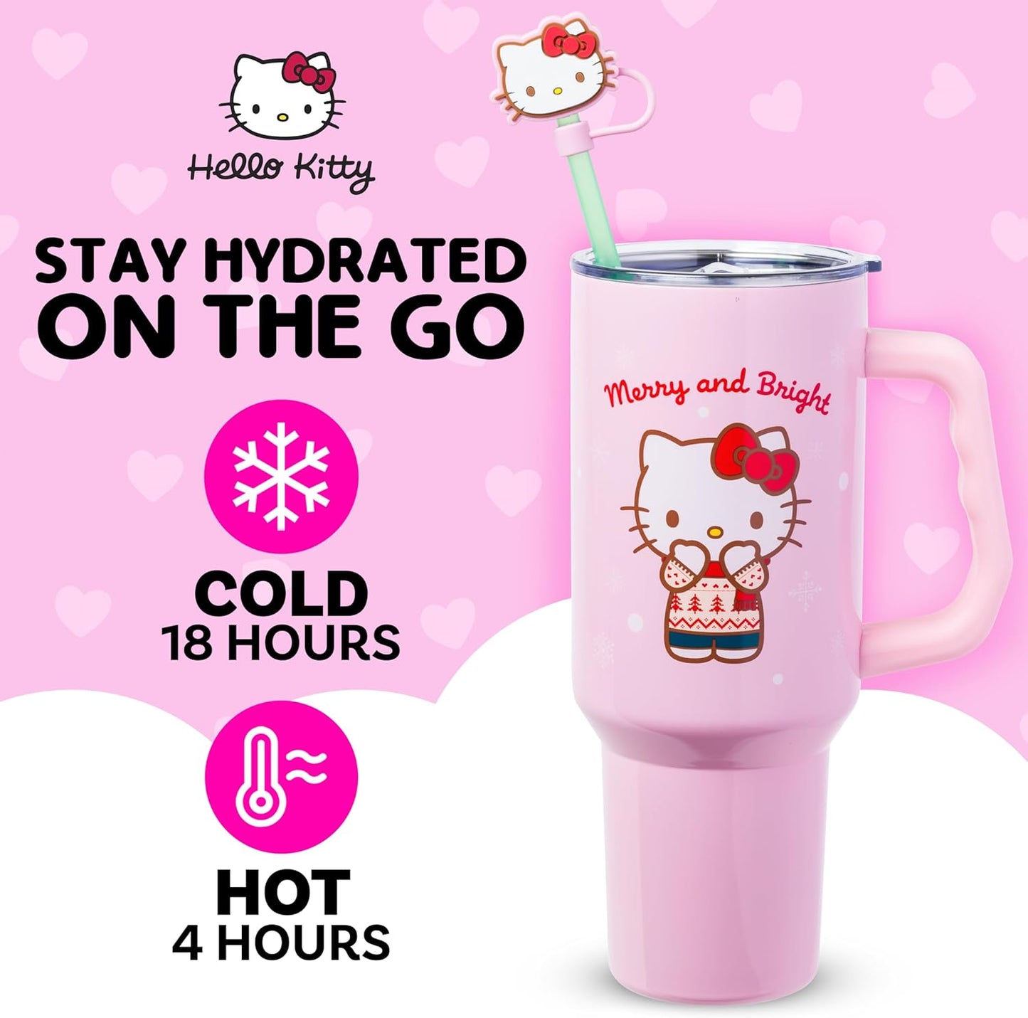 Betty Boop Core Cute Pose, Stainless Steel Tumbler, 40oz | Sitting, Hearts and Dots, Straw Cover Cap, Handle, Lid, Double Walled, Fits in Cup Holder, 1.18 Liters - Colors A