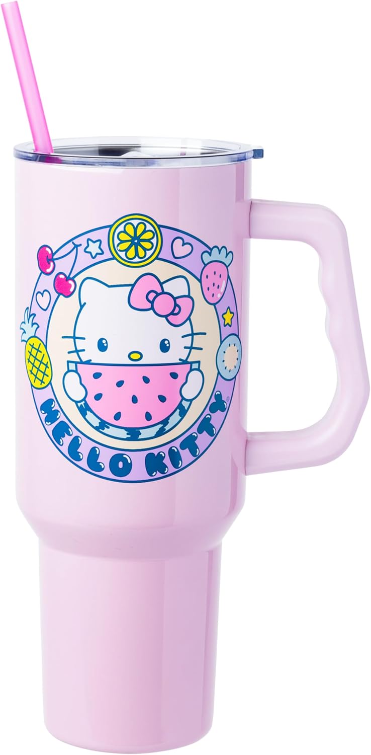 Betty Boop Core Cute Pose, Stainless Steel Tumbler, 40oz | Sitting, Hearts and Dots, Straw Cover Cap, Handle, Lid, Double Walled, Fits in Cup Holder, 1.18 Liters - Colors A