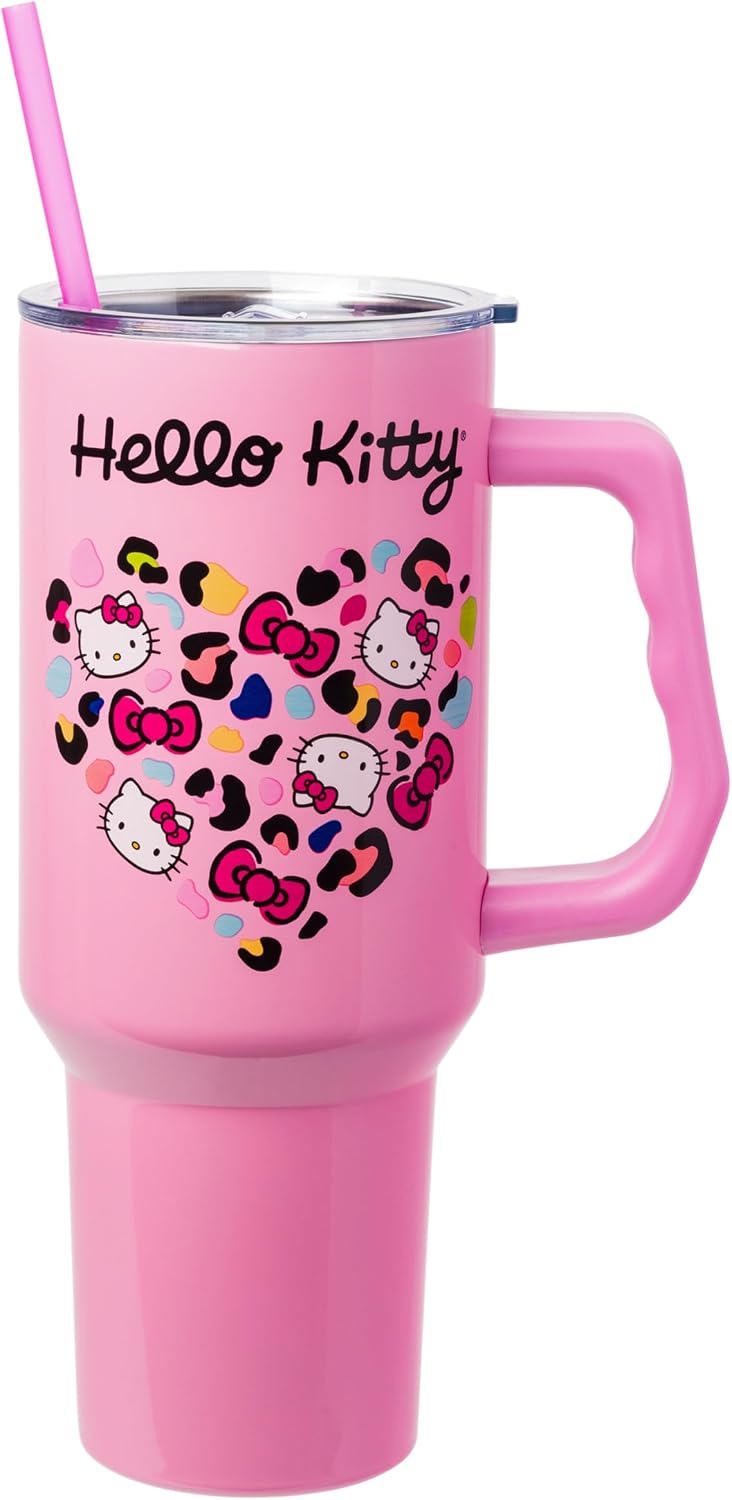 Betty Boop Core Cute Pose, Stainless Steel Tumbler, 40oz | Sitting, Hearts and Dots, Straw Cover Cap, Handle, Lid, Double Walled, Fits in Cup Holder, 1.18 Liters - Colors A