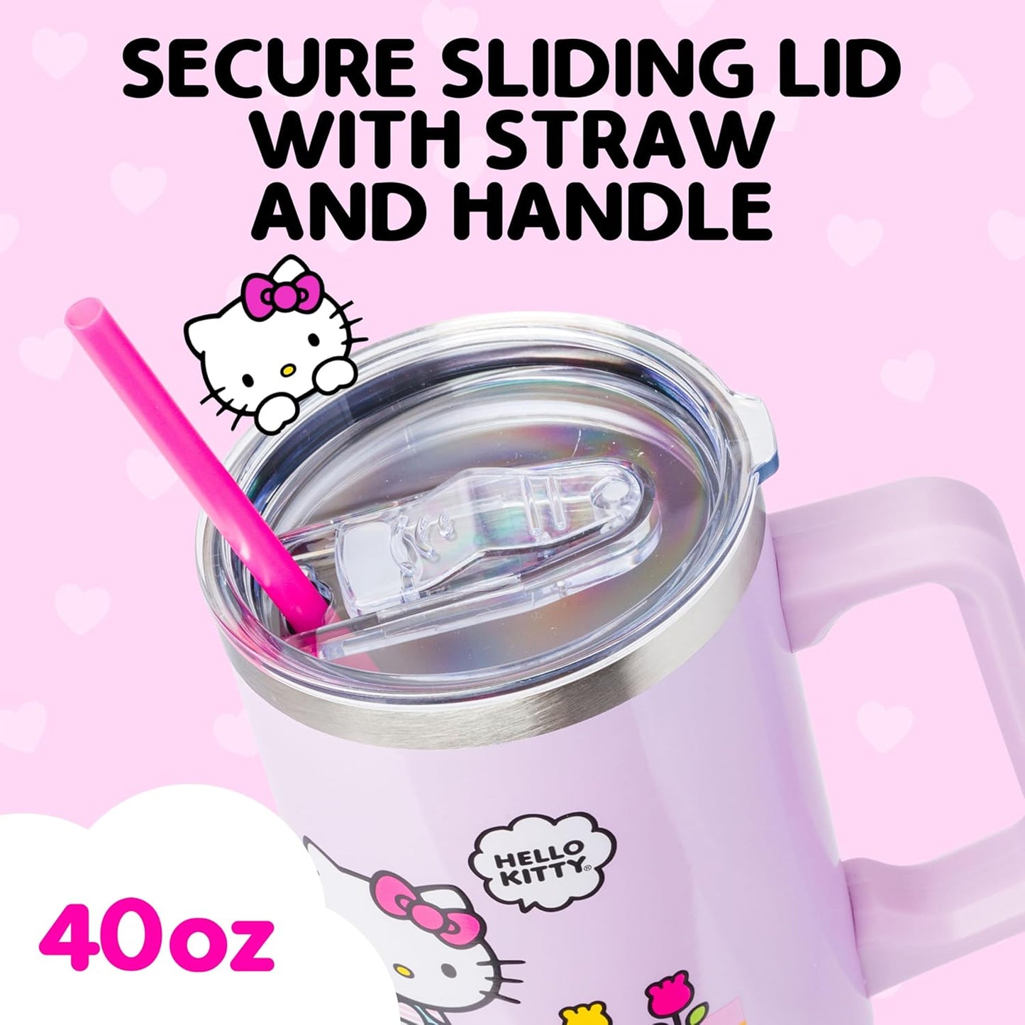 Betty Boop Core Cute Pose, Stainless Steel Tumbler, 40oz | Sitting, Hearts and Dots, Straw Cover Cap, Handle, Lid, Double Walled, Fits in Cup Holder, 1.18 Liters - Colors A
