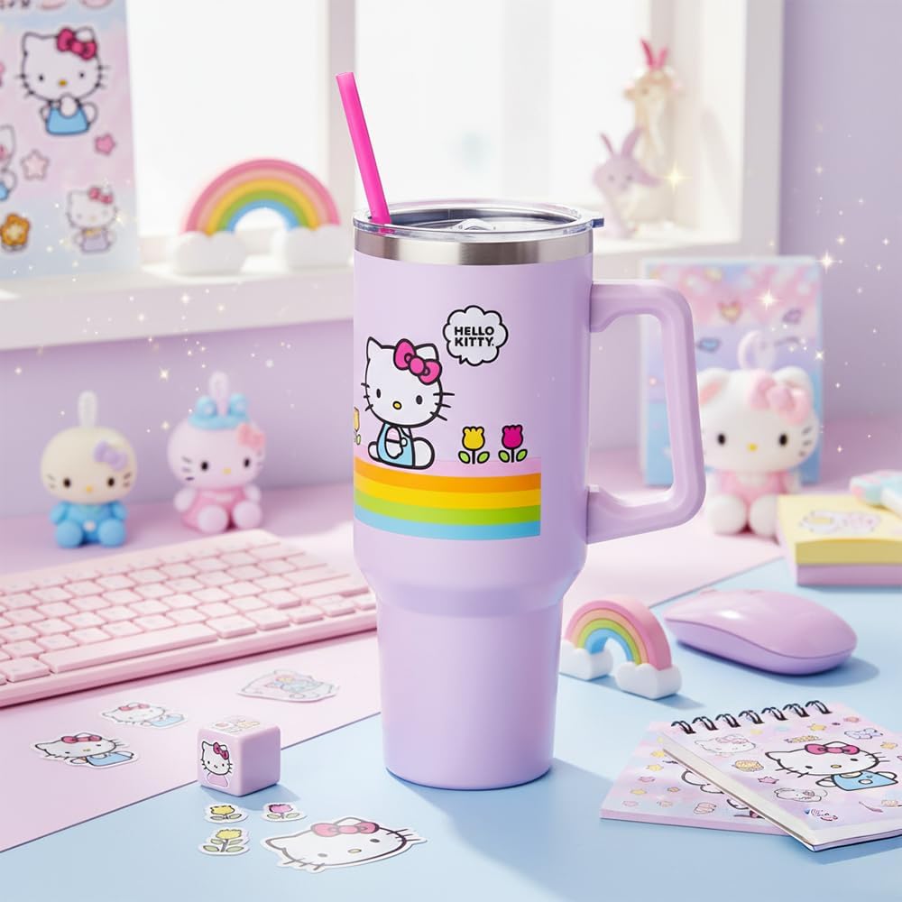 Betty Boop Core Cute Pose, Stainless Steel Tumbler, 40oz | Sitting, Hearts and Dots, Straw Cover Cap, Handle, Lid, Double Walled, Fits in Cup Holder, 1.18 Liters - Colors A