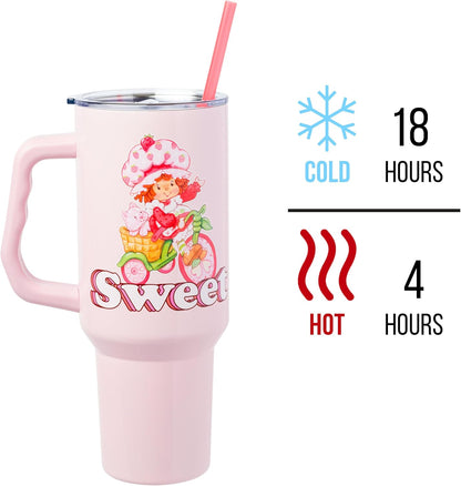 Betty Boop Core Cute Pose, Stainless Steel Tumbler, 40oz | Sitting, Hearts and Dots, Straw Cover Cap, Handle, Lid, Double Walled, Fits in Cup Holder, 1.18 Liters - Colors A