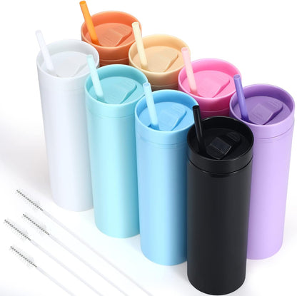 Matte Pastel Colored Acrylic Tumblers Set with Lids, Straws & Straw Cleaner, DIY Vinyl Gifts, Reusable 16 oz (8 Pieces)