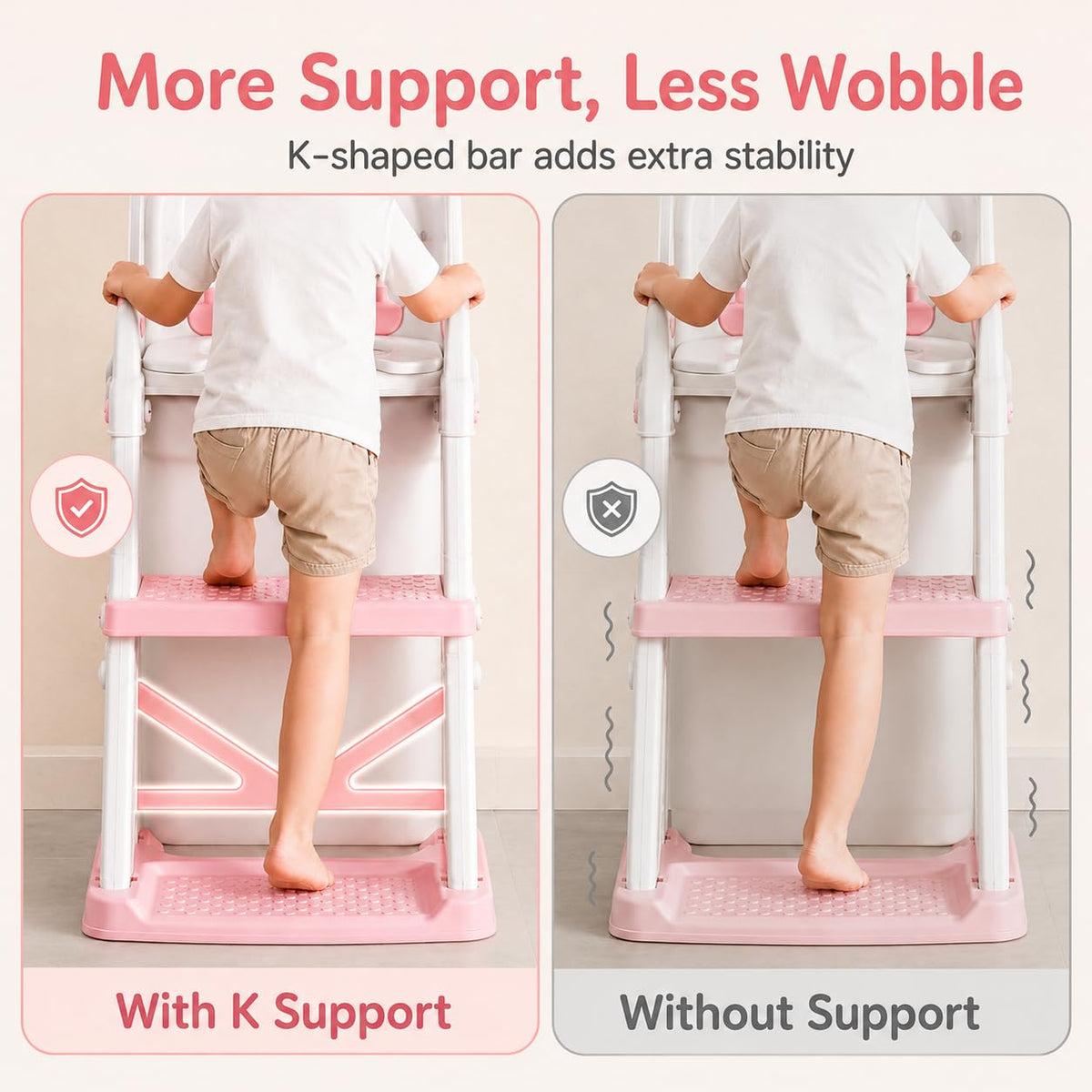 Potty Training Seat, 2 in 1 Potty Training Toilet with Step Stool for Boys Girls, Toddler Toilet Seat with Stabilizer Crossbar, Anti-Slip Pads and Splash Guard, Pink