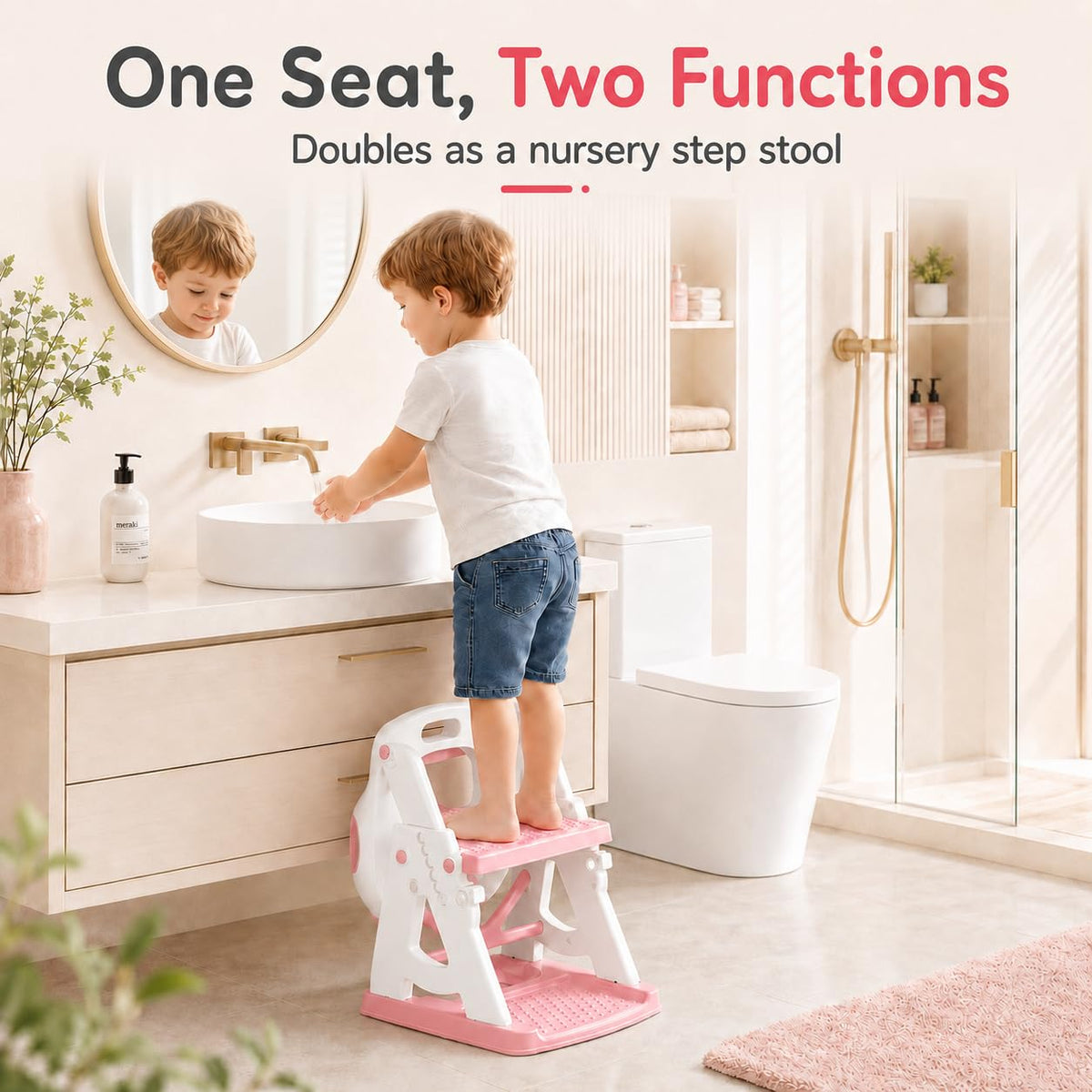Potty Training Seat, 2 in 1 Potty Training Toilet with Step Stool for Boys Girls, Toddler Toilet Seat with Stabilizer Crossbar, Anti-Slip Pads and Splash Guard, Pink