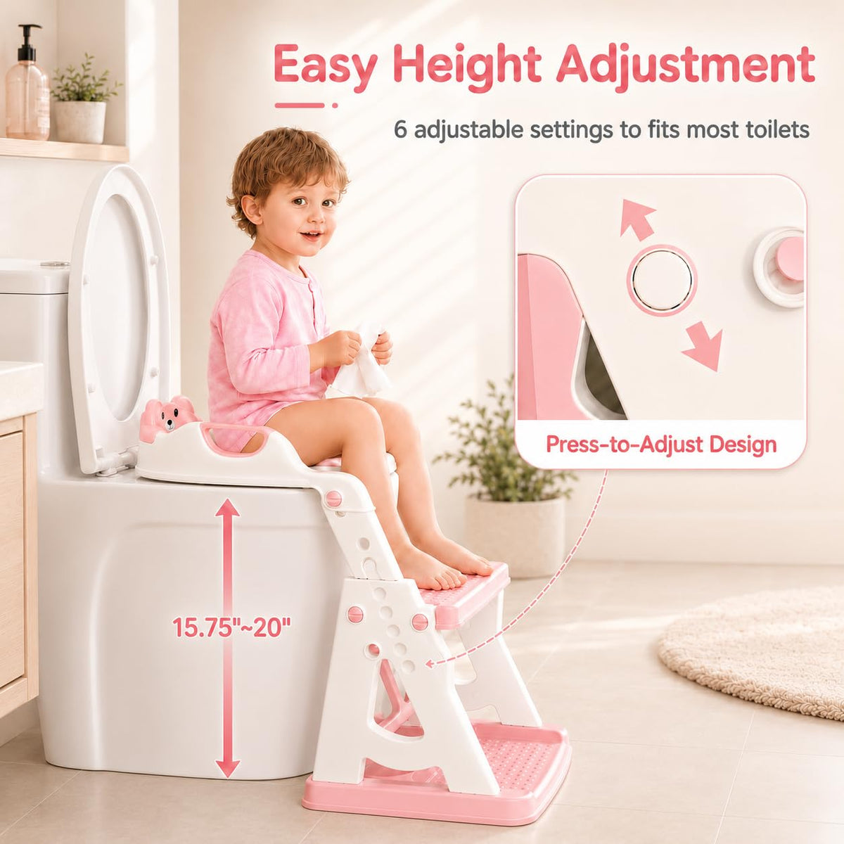 Potty Training Seat, 2 in 1 Potty Training Toilet with Step Stool for Boys Girls, Toddler Toilet Seat with Stabilizer Crossbar, Anti-Slip Pads and Splash Guard, Pink
