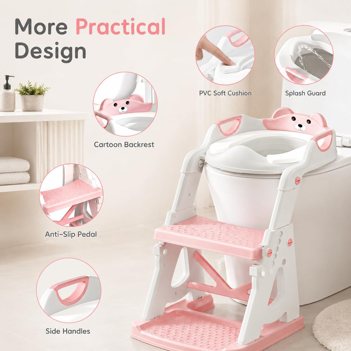 Potty Training Seat, 2 in 1 Potty Training Toilet with Step Stool for Boys Girls, Toddler Toilet Seat with Stabilizer Crossbar, Anti-Slip Pads and Splash Guard, Pink