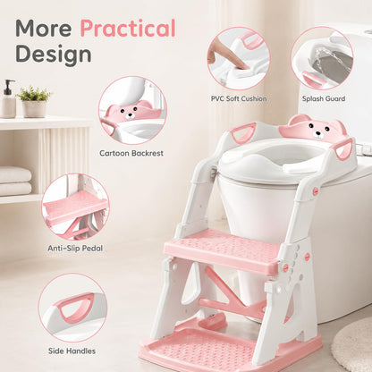 Potty Training Seat, 2 in 1 Potty Training Toilet with Step Stool for Boys Girls, Toddler Toilet Seat with Stabilizer Crossbar, Anti-Slip Pads and Splash Guard, Pink