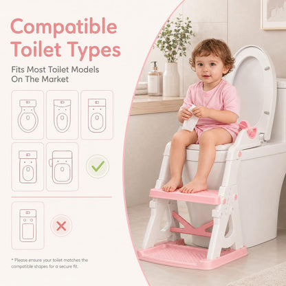 Potty Training Seat, 2 in 1 Potty Training Toilet with Step Stool for Boys Girls, Toddler Toilet Seat with Stabilizer Crossbar, Anti-Slip Pads and Splash Guard, Pink