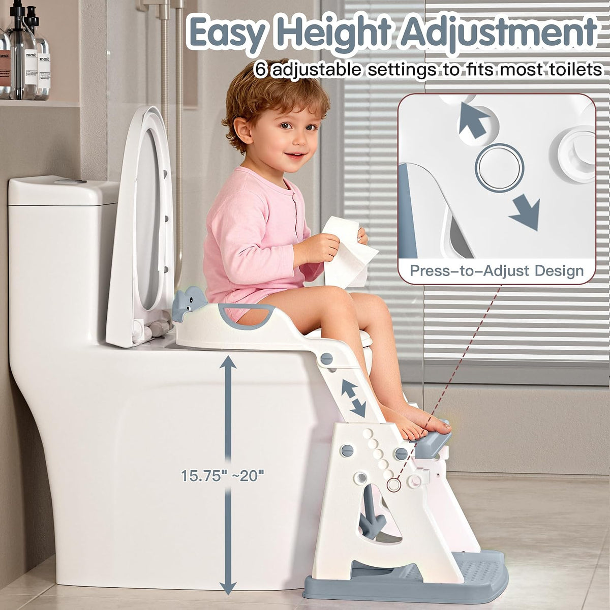 Potty Training Seat, 2 in 1 Potty Training Toilet with Step Stool for Boys Girls, Toddler Toilet Seat with Stabilizer Crossbar, Anti-Slip Pads and Splash Guard, Pink