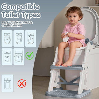 Potty Training Seat, 2 in 1 Potty Training Toilet with Step Stool for Boys Girls, Toddler Toilet Seat with Stabilizer Crossbar, Anti-Slip Pads and Splash Guard, Pink