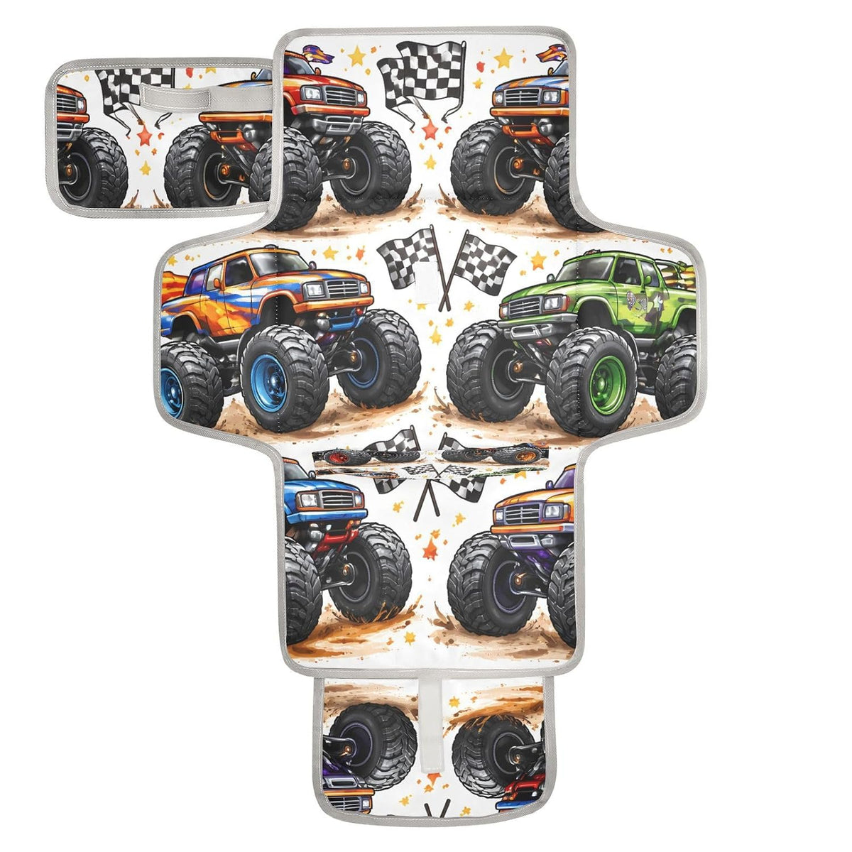 Racing Monster Trucks Portable Diaper Changing Pad, Waterproof Baby Changing Mat with Storage Pocket & Built-in Pillow, Foldable Travel Pad, Newborn Gift Set for Boy Girl