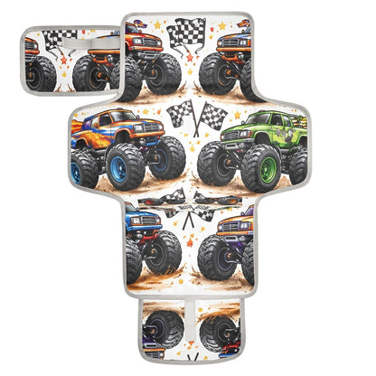 Racing Monster Trucks Portable Diaper Changing Pad, Waterproof Baby Changing Mat with Storage Pocket & Built-in Pillow, Foldable Travel Pad, Newborn Gift Set for Boy Girl