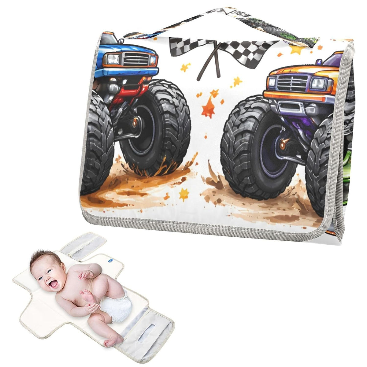 Racing Monster Trucks Portable Diaper Changing Pad, Waterproof Baby Changing Mat with Storage Pocket & Built-in Pillow, Foldable Travel Pad, Newborn Gift Set for Boy Girl