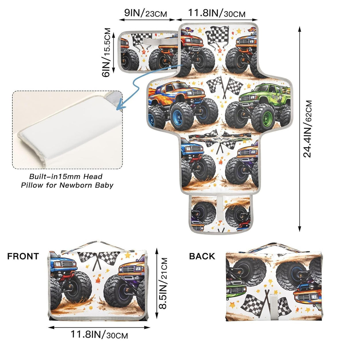 Racing Monster Trucks Portable Diaper Changing Pad, Waterproof Baby Changing Mat with Storage Pocket & Built-in Pillow, Foldable Travel Pad, Newborn Gift Set for Boy Girl