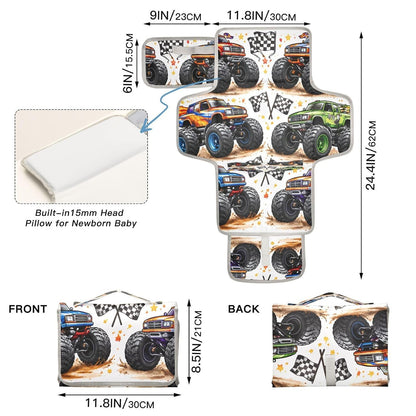 Racing Monster Trucks Portable Diaper Changing Pad, Waterproof Baby Changing Mat with Storage Pocket & Built-in Pillow, Foldable Travel Pad, Newborn Gift Set for Boy Girl