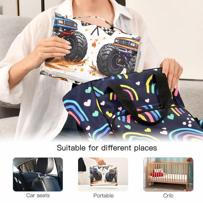 Racing Monster Trucks Portable Diaper Changing Pad, Waterproof Baby Changing Mat with Storage Pocket & Built-in Pillow, Foldable Travel Pad, Newborn Gift Set for Boy Girl