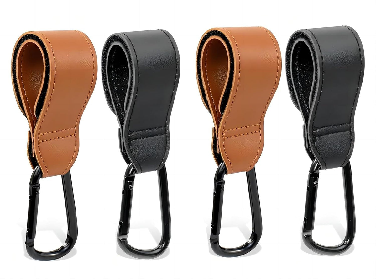 2PCS Stroller Hook Accessories, Multipurpose Stroller Bag Hook, Award Winning Leather Stroller Clip (Black)