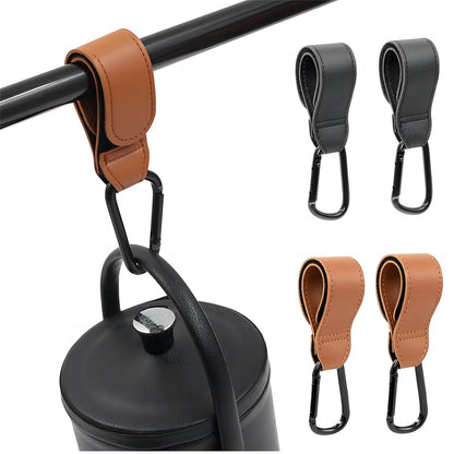 2PCS Stroller Hook Accessories, Multipurpose Stroller Bag Hook, Award Winning Leather Stroller Clip (Black)