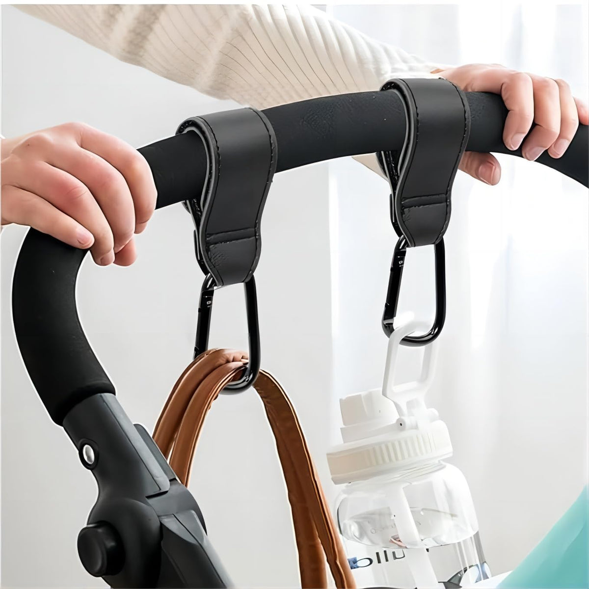 2PCS Stroller Hook Accessories, Multipurpose Stroller Bag Hook, Award Winning Leather Stroller Clip (Black)