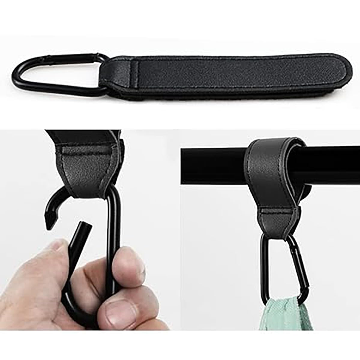 2PCS Stroller Hook Accessories, Multipurpose Stroller Bag Hook, Award Winning Leather Stroller Clip (Black)