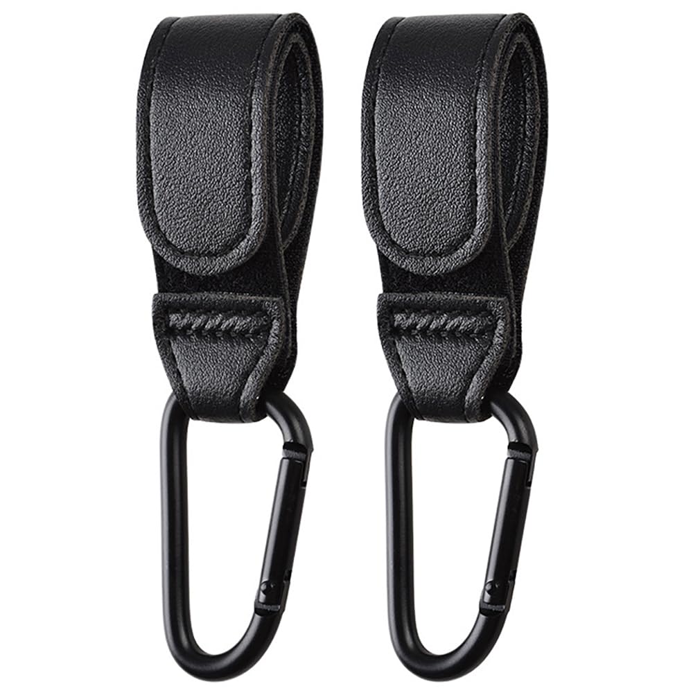2PCS Stroller Hook Accessories, Multipurpose Stroller Bag Hook, Award Winning Leather Stroller Clip (Black)
