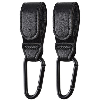2PCS Stroller Hook Accessories, Multipurpose Stroller Bag Hook, Award Winning Leather Stroller Clip (Black)