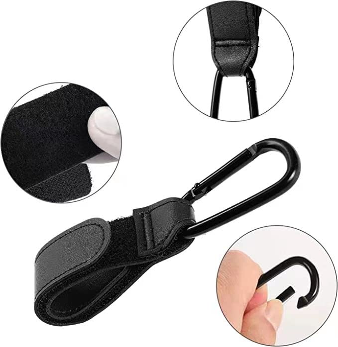 2PCS Stroller Hook Accessories, Multipurpose Stroller Bag Hook, Award Winning Leather Stroller Clip (Black)