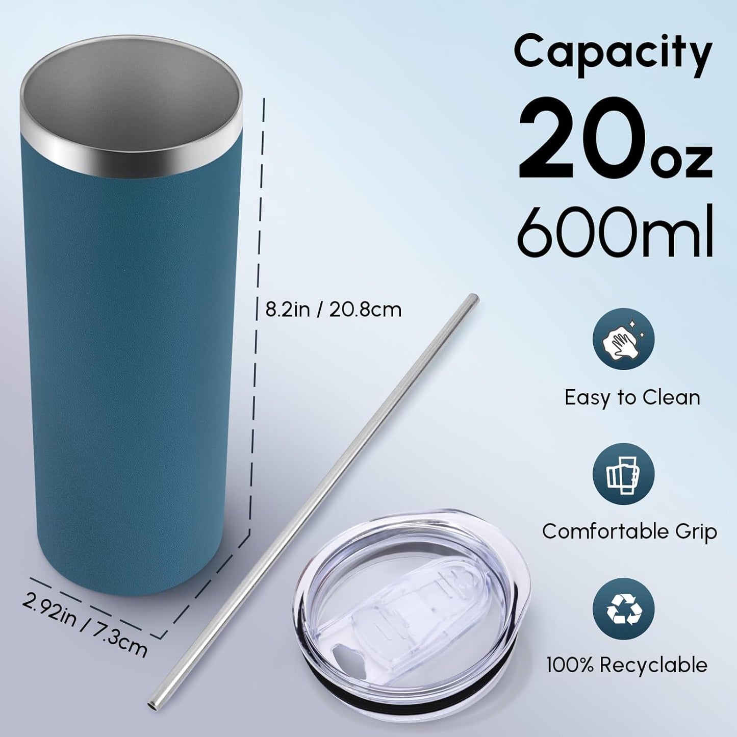 Volhoply 20 oz Skinny Tumbler with Lid and Straw, Stainless Steel Straight Tumblers Cup, Vacuum Insulated Coffee Mug for Home, Office, Travel, DIY (Mint,1 Pack)