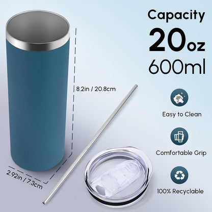 Volhoply 20 oz Skinny Tumbler with Lid and Straw, Stainless Steel Straight Tumblers Cup, Vacuum Insulated Coffee Mug for Home, Office, Travel, DIY (Mint,1 Pack)