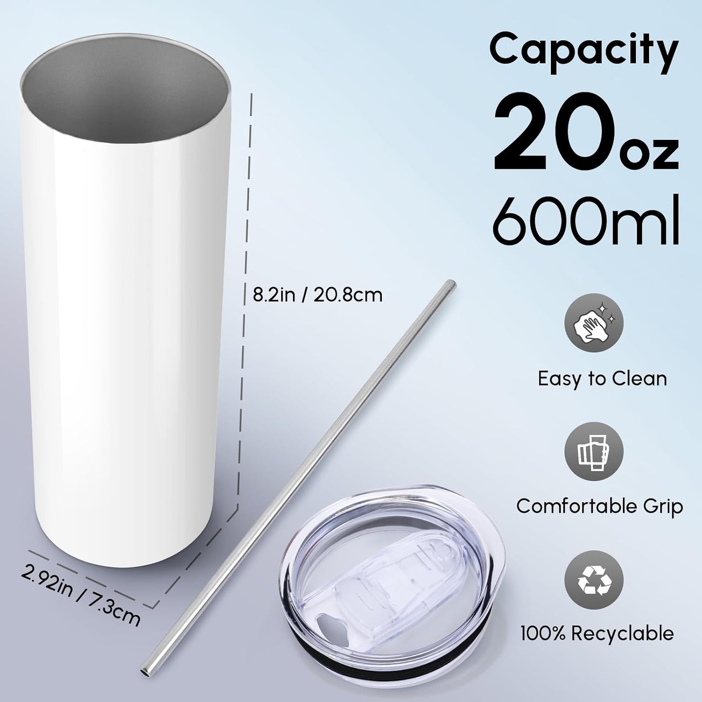 Volhoply 20 oz Skinny Tumbler with Lid and Straw, Stainless Steel Straight Tumblers Cup, Vacuum Insulated Coffee Mug for Home, Office, Travel, DIY (Mint,1 Pack)