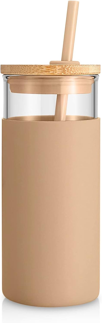 20 oz Glass Tumbler with Lids and Straws, Reusable Iced Coffee Cups | Borosilicate Glass Cups with Bamboo Lid, Silicone Sleeve, Dishwasher Safe, Cup Holder Friendly, BPA-Free, Iced Coffee Tumbler - Colors A
