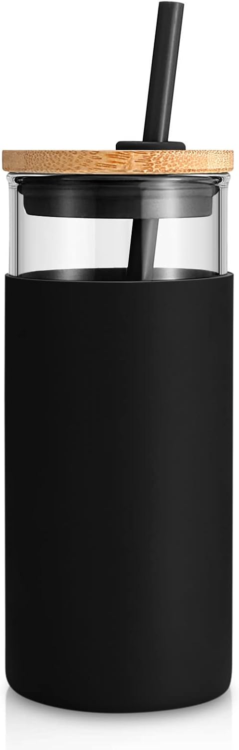 20 oz Glass Tumbler with Lids and Straws, Reusable Iced Coffee Cups | Borosilicate Glass Cups with Bamboo Lid, Silicone Sleeve, Dishwasher Safe, Cup Holder Friendly, BPA-Free, Iced Coffee Tumbler - Colors A