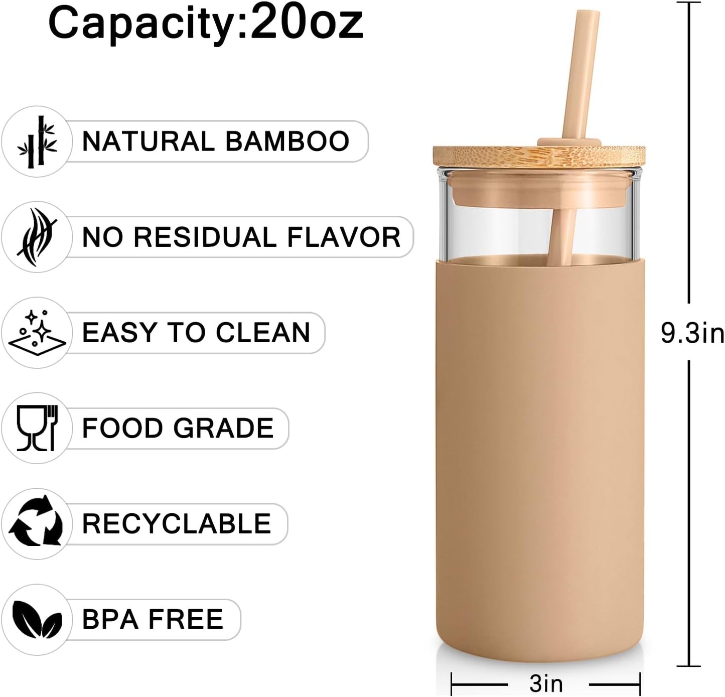 20 oz Glass Tumbler with Lids and Straws, Reusable Iced Coffee Cups | Borosilicate Glass Cups with Bamboo Lid, Silicone Sleeve, Dishwasher Safe, Cup Holder Friendly, BPA-Free, Iced Coffee Tumbler - Colors A