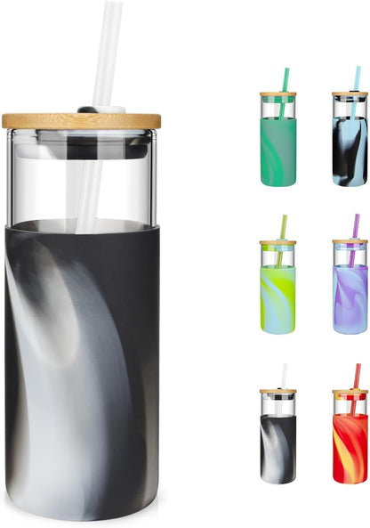 20 oz Glass Tumbler with Lids and Straws, Reusable Iced Coffee Cups | Borosilicate Glass Cups with Bamboo Lid, Silicone Sleeve, Dishwasher Safe, Cup Holder Friendly, BPA-Free, Iced Coffee Tumbler - Colors A