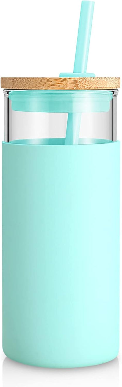 20 oz Glass Tumbler with Lids and Straws, Reusable Iced Coffee Cups | Borosilicate Glass Cups with Bamboo Lid, Silicone Sleeve, Dishwasher Safe, Cup Holder Friendly, BPA-Free, Iced Coffee Tumbler - Colors A