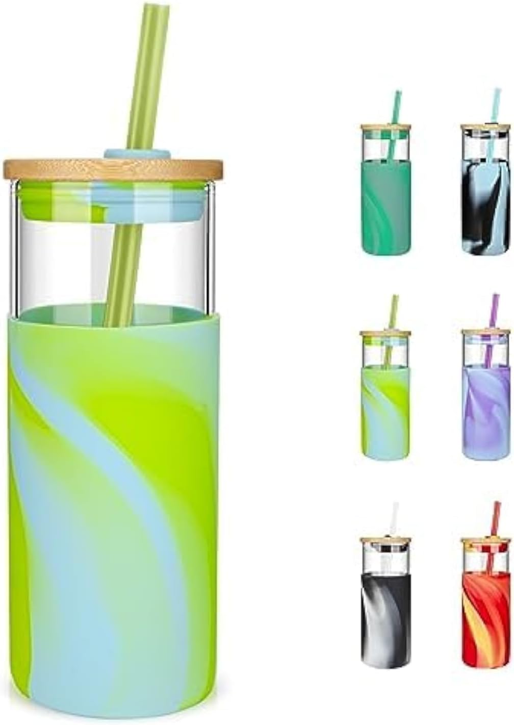 20 oz Glass Tumbler with Lids and Straws, Reusable Iced Coffee Cups | Borosilicate Glass Cups with Bamboo Lid, Silicone Sleeve, Dishwasher Safe, Cup Holder Friendly, BPA-Free, Iced Coffee Tumbler - Colors A