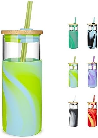 20 oz Glass Tumbler with Lids and Straws, Reusable Iced Coffee Cups | Borosilicate Glass Cups with Bamboo Lid, Silicone Sleeve, Dishwasher Safe, Cup Holder Friendly, BPA-Free, Iced Coffee Tumbler - Colors A