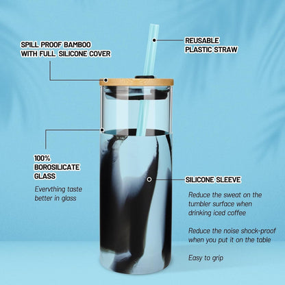 20 oz Glass Tumbler with Lids and Straws, Reusable Iced Coffee Cups | Borosilicate Glass Cups with Bamboo Lid, Silicone Sleeve, Dishwasher Safe, Cup Holder Friendly, BPA-Free, Iced Coffee Tumbler - Colors A