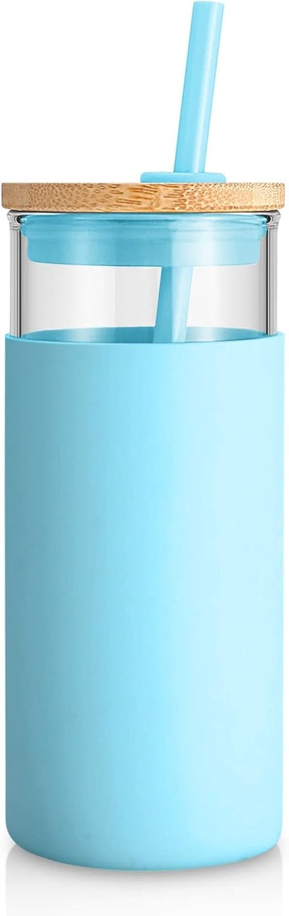 20 oz Glass Tumbler with Lids and Straws, Reusable Iced Coffee Cups | Borosilicate Glass Cups with Bamboo Lid, Silicone Sleeve, Dishwasher Safe, Cup Holder Friendly, BPA-Free, Iced Coffee Tumbler - Colors A