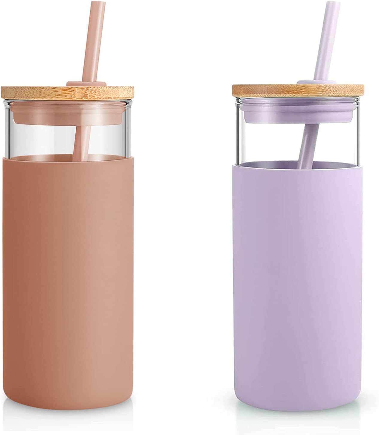 20 oz Glass Tumbler with Lids and Straws, Reusable Iced Coffee Cups | Borosilicate Glass Cups with Bamboo Lid, Silicone Sleeve, Dishwasher Safe, Cup Holder Friendly, BPA-Free, Iced Coffee Tumbler - Colors A