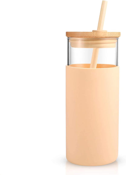 20 oz Glass Tumbler with Lids and Straws, Reusable Iced Coffee Cups | Borosilicate Glass Cups with Bamboo Lid, Silicone Sleeve, Dishwasher Safe, Cup Holder Friendly, BPA-Free, Iced Coffee Tumbler - Colors A